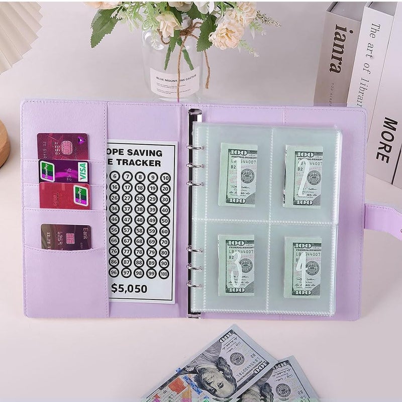 AASLOB 100 Envelopes Money Saving Challenge, 100 Envelope Challenge Binder, Easy and Fun Way to Save $5,050, Savings Challenges Budget Book Binder with Cash Envelopes for Office,Home,School (Purple) - Image 4